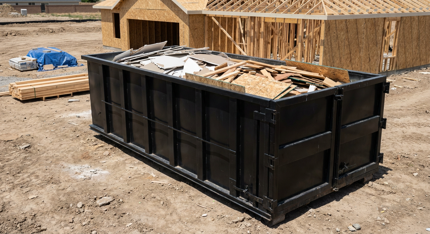 Matte-black 30-yard roll-off construction dumpster sitting directly on the compacted-dirt site of a framed single-family home build in New Haven, drywall and lumber scrap loaded inside.