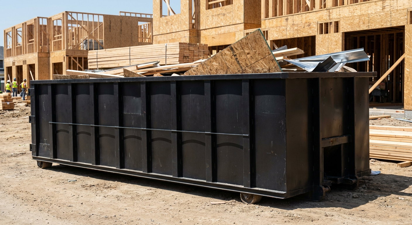 Matte-black 40-yard roll-off construction dumpster being lowered from a white-cab hooklift delivery truck onto the compacted-dirt jobsite at a commercial build site in New Haven