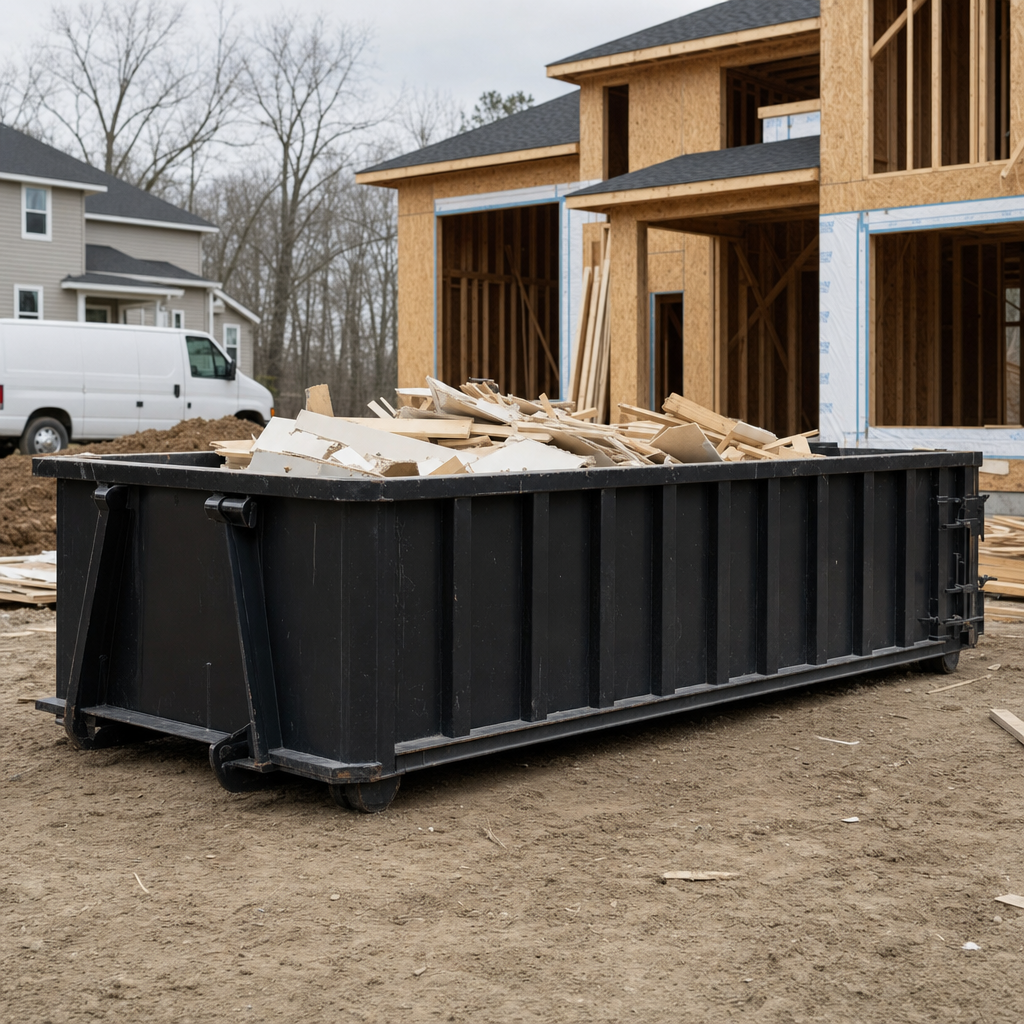 Worker in a yellow high-visibility vest tossing framing lumber and broken drywall into a matte-black 30-yard construction roll-off dumpster on an active build site in New Haven, bright daylight