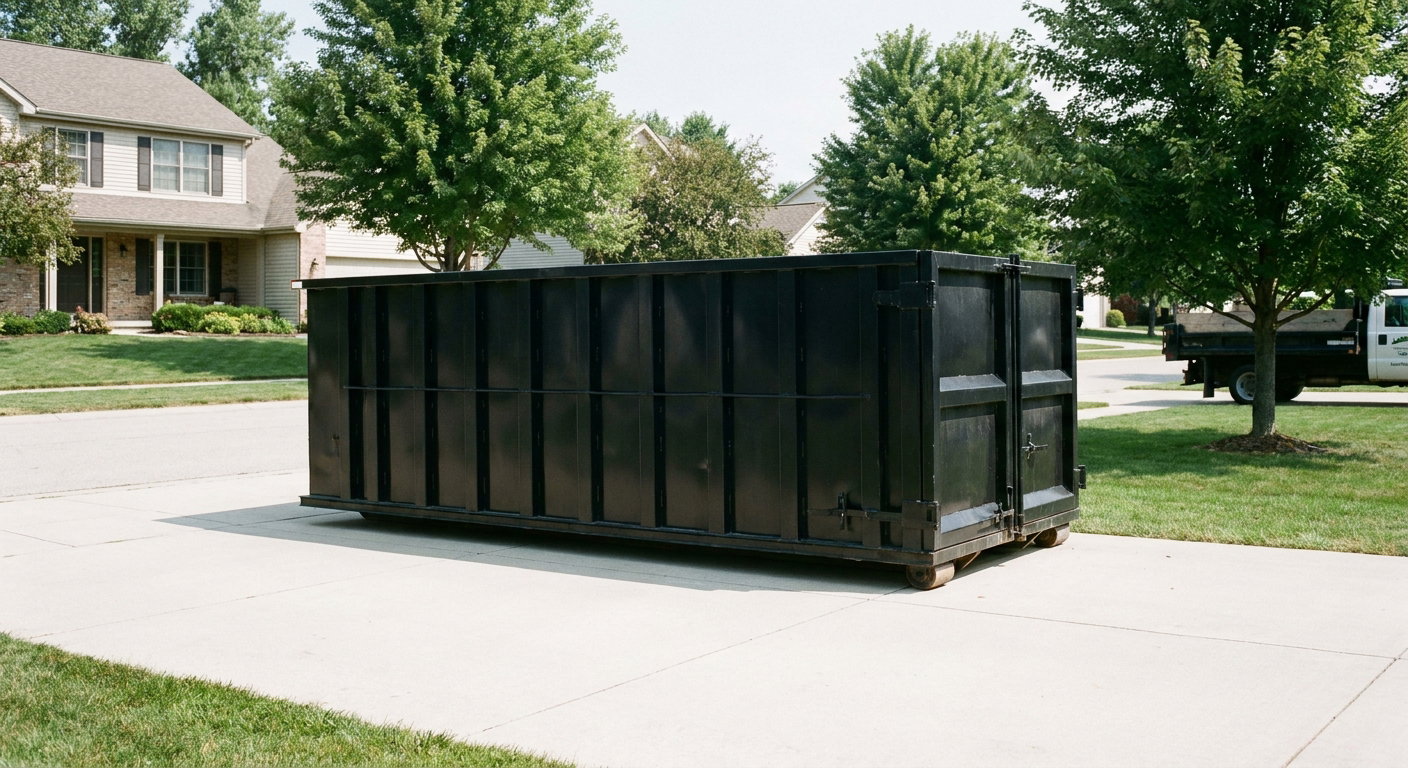 Matte-black 20-yard roll-off dumpster sitting level on a clean New Haven residential concrete driveway under bright daylight, demonstrating clean placement directly on the concrete.