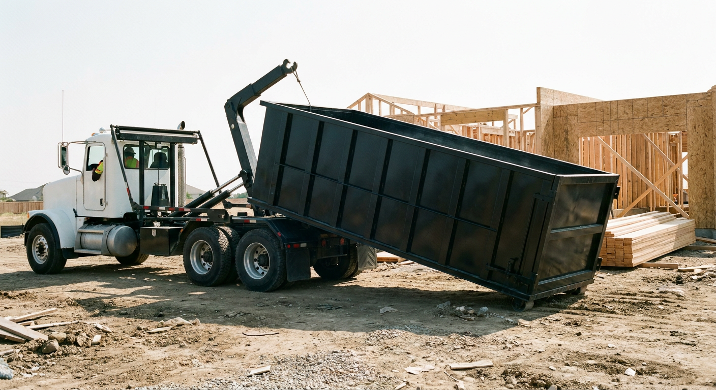 Matte-black roll-off dumpster being delivered onto a clean residential concrete driveway in New Haven by an unmarked white hooklift hauler truck, bright morning daylight, documentary 35mm perspective.