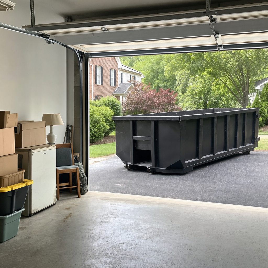 Open garage interior in a New Haven home mid-cleanout — boxed items, an old appliance, and stacked yard tools queued near the driveway for a matte-black roll-off dumpster, organized and calm