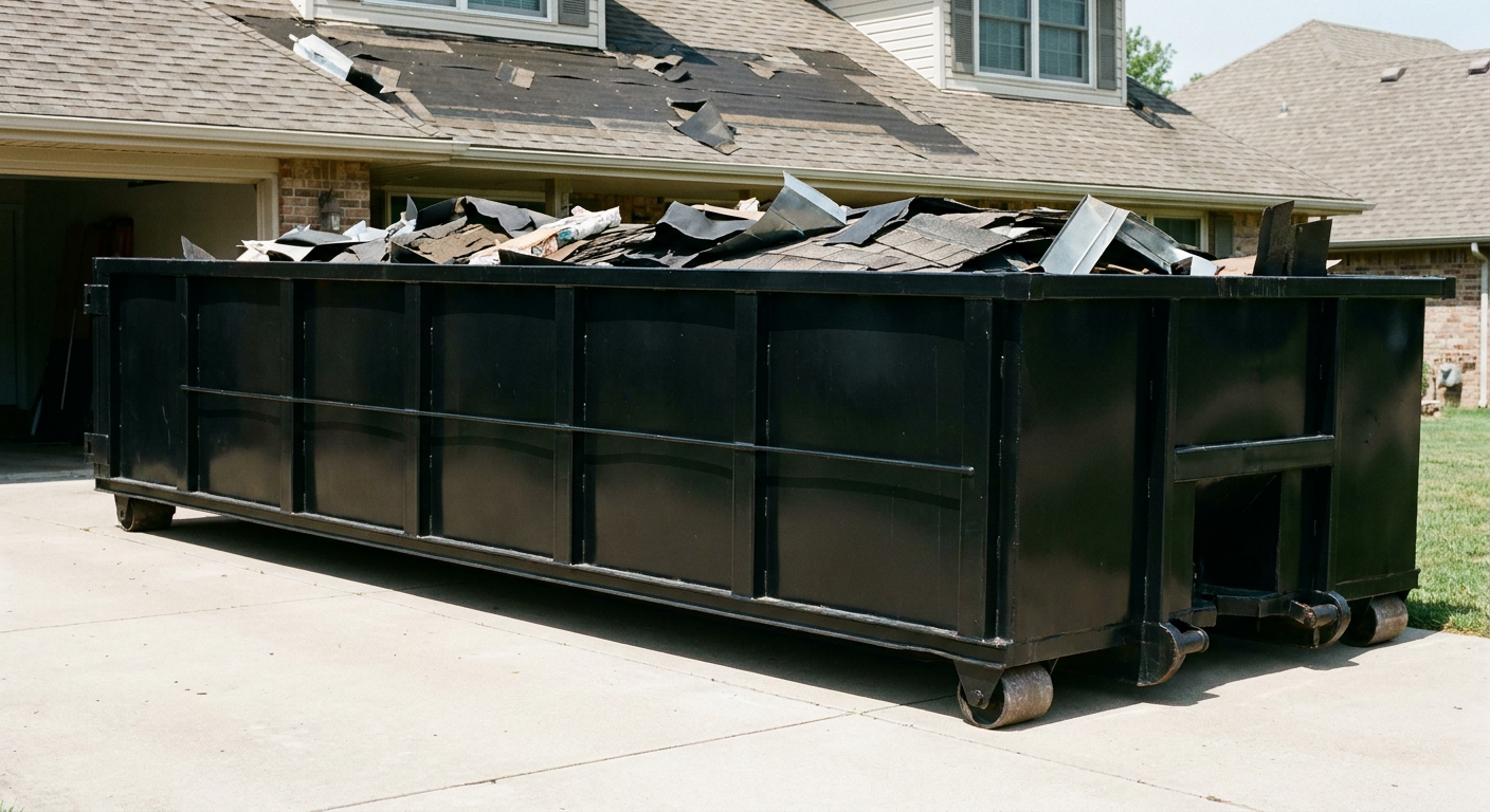 Matte-black 20-yard roofing roll-off dumpster with steel ribbed sides and swinging rear door, sitting directly on the concrete driveway of a two-story New Haven home, asphalt shingle debris being loaded over the low wall, clean documentary lighting.