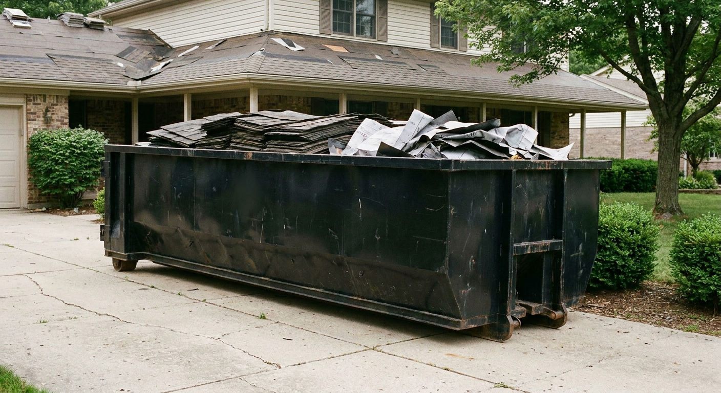 Matte-black 30-yard roofing roll-off dumpster sitting directly on a New Haven concrete driveway, taller ribbed steel side panels, mixed tear-off debris of asphalt shingles and underlayment inside, professional documentary daylight.