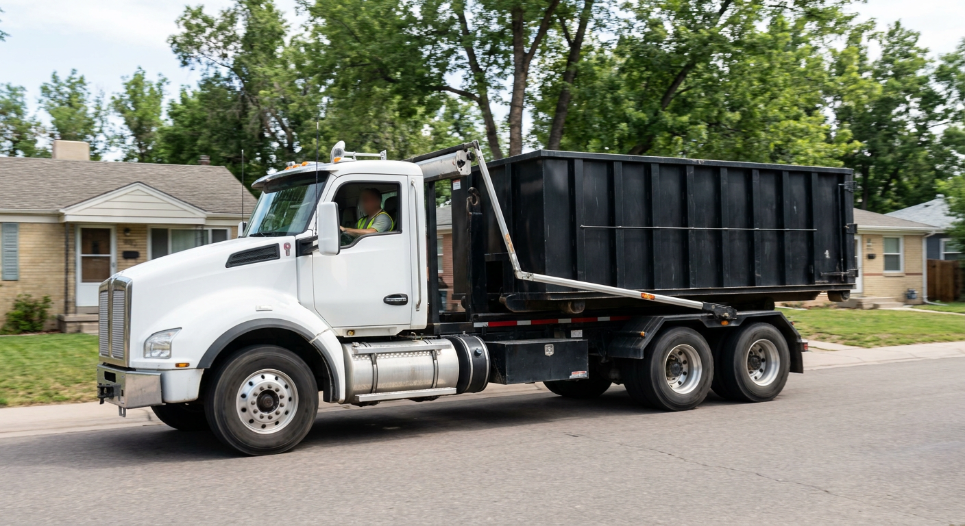 A wide documentary shot of a matte-black roll-off delivery truck pulling onto a quiet New Haven residential street at mid-morning, with neighborhood rooftops and tree-lined blocks visible behind, showing the metro coverage footprint.