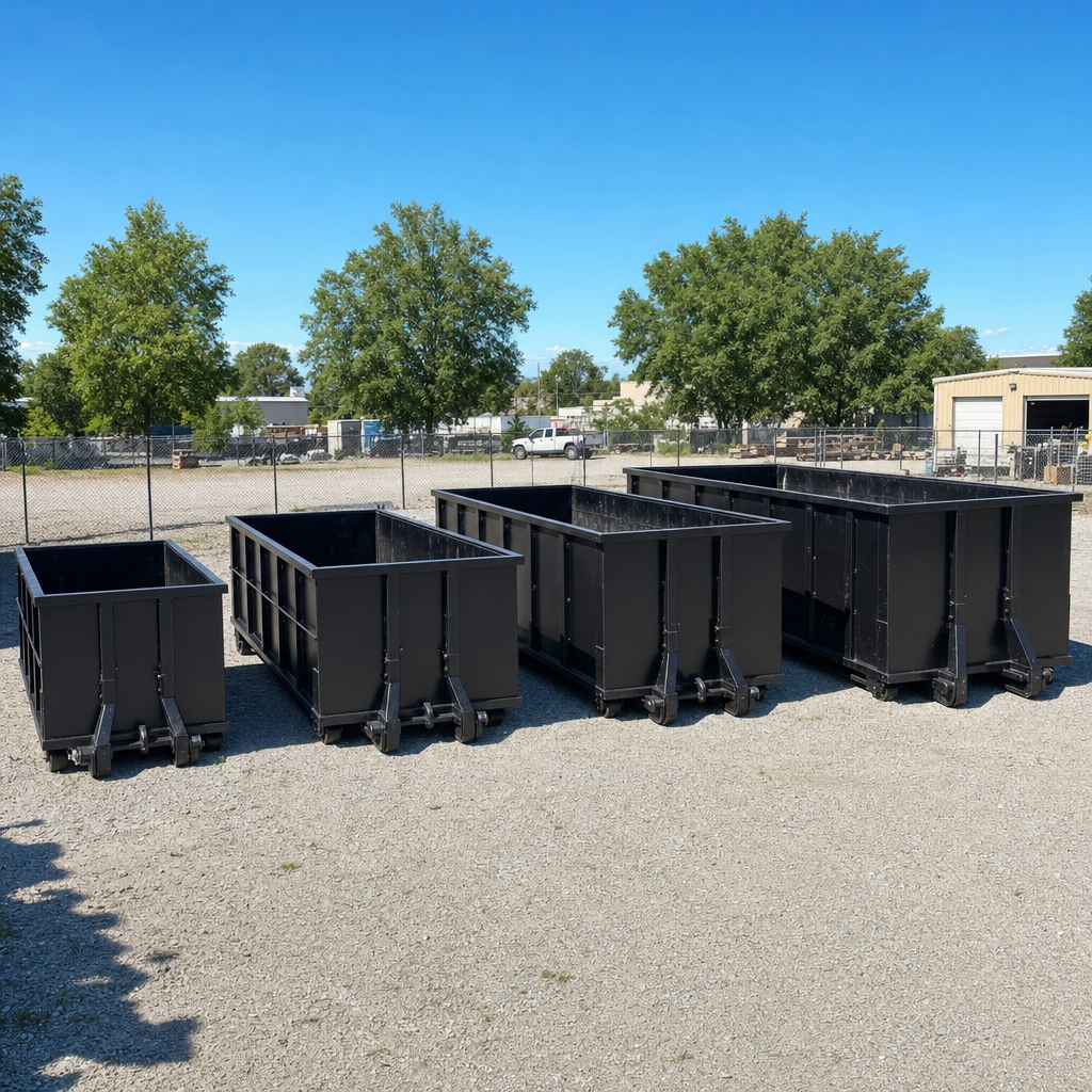 A clean lineup of matte-black roll-off dumpsters in 10, 20, 30, and 40-yard sizes staged on a sunlit gravel yard in New Haven, showing the size progression from compact to commercial-scale containers.