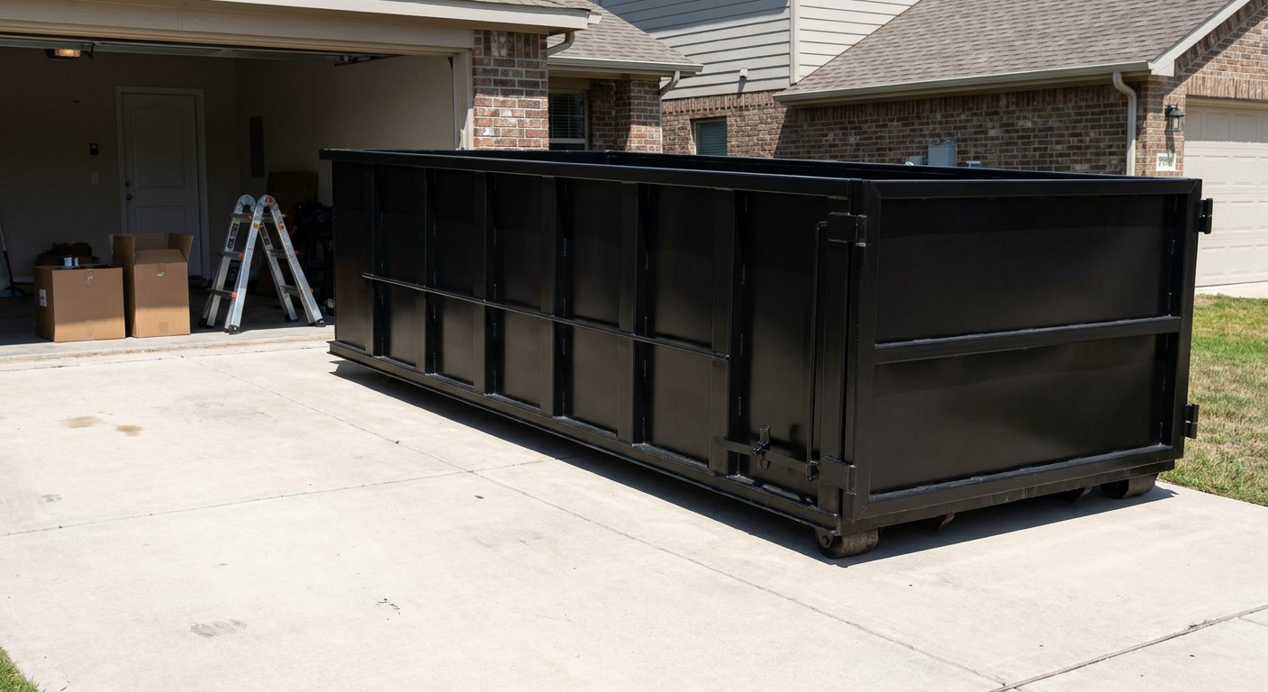 A matte-black 10-yard roll-off dumpster sitting directly on a residential New Haven concrete driveway, mid-day sunlight, clean and ready for a garage cleanout.