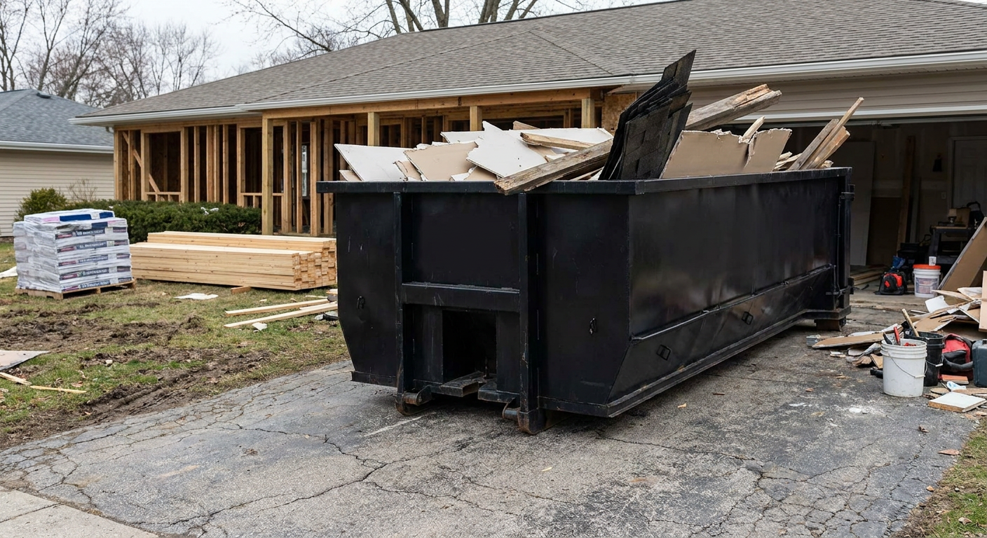 A matte-black 20-yard roll-off dumpster placed alongside a mid-renovation New Haven home directly on the asphalt driveway, with framing materials and torn-off shingles staged neatly nearby.