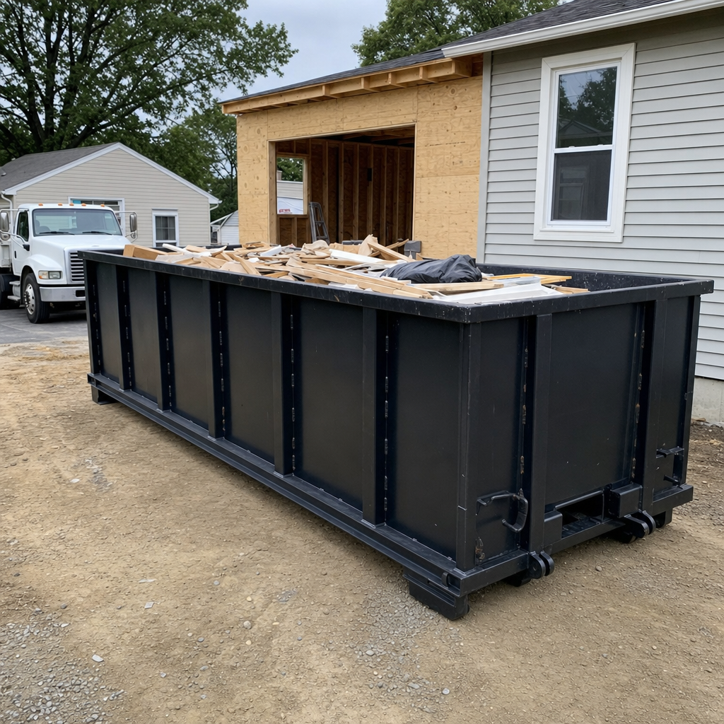 A matte-black 30-yard roll-off dumpster positioned at a New Haven residential addition jobsite, with framing lumber and drywall scraps loaded through the open swinging rear doors.