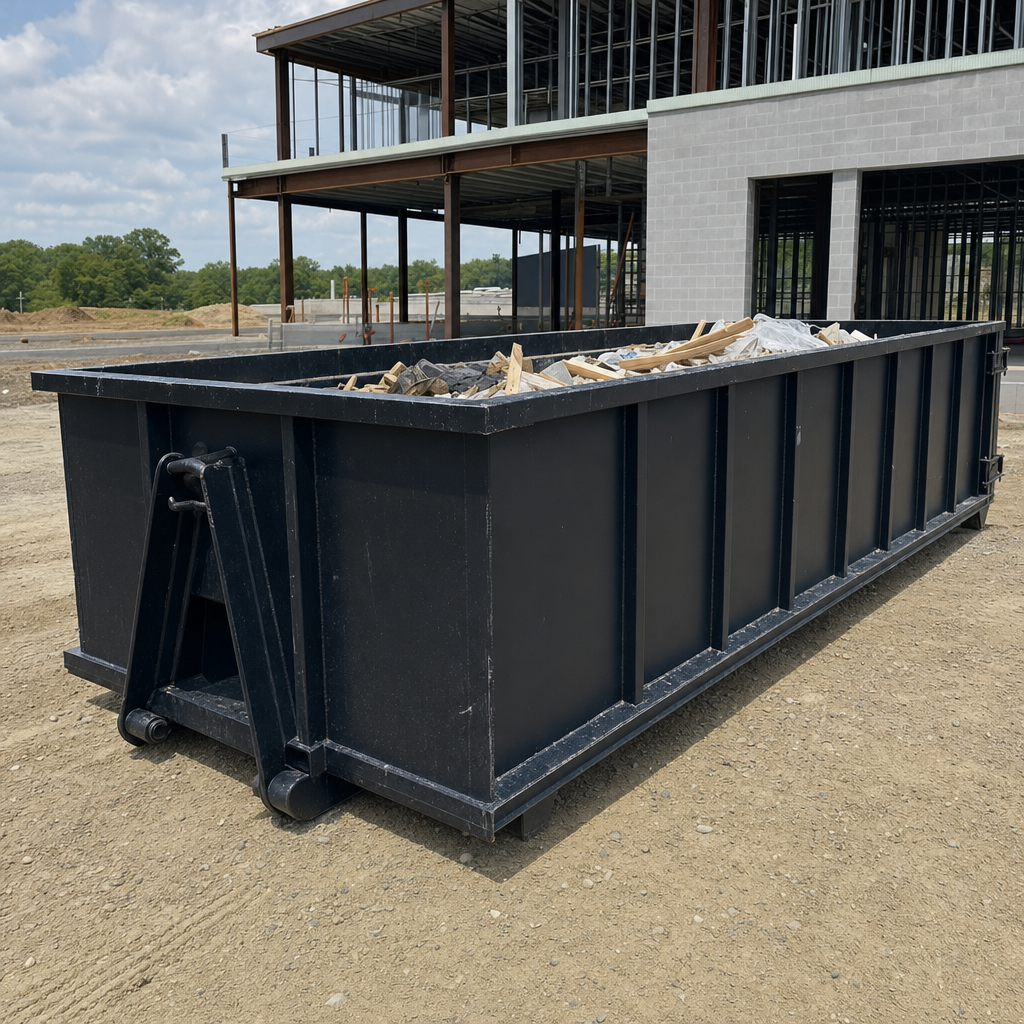 A matte-black 40-yard roll-off dumpster staged on a large New Haven commercial construction lot, with a hooklift delivery truck parked alongside under bright midday sky.