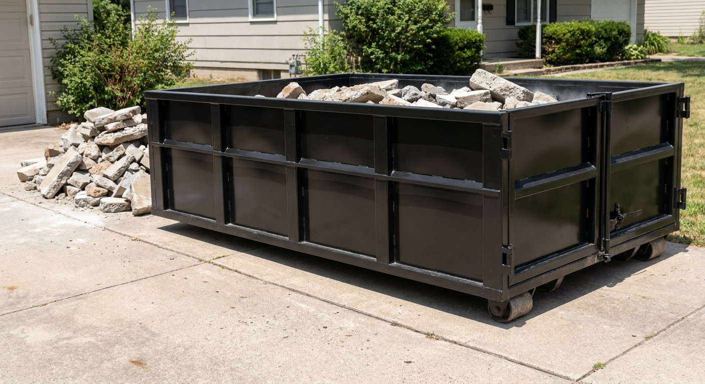 A matte-black low-side heavy-debris roll-off dumpster placed directly on a New Haven concrete driveway, with broken concrete chunks neatly stacked beside it under clean daylight.